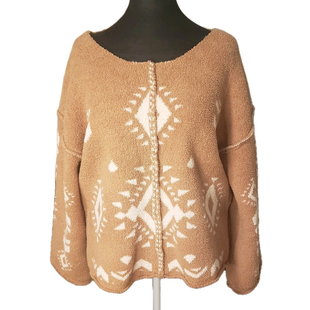 Entro L Brown Sherpa Sweater Aztec  Geometric Print Cozy‎ Western Boho Oversized